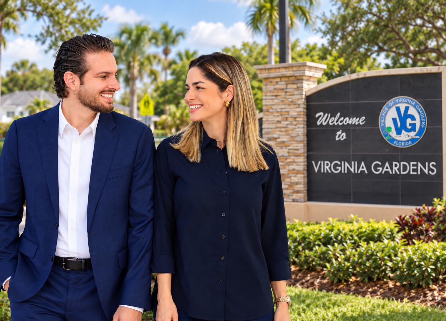 Michael Tur and his wife Lorena smiling in front of the Village of Virginia Gardens welcome sign