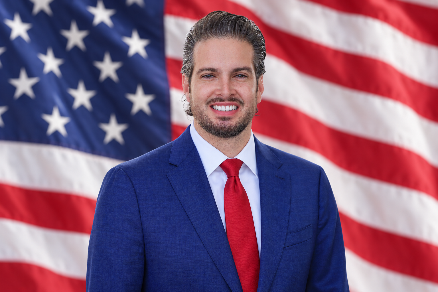 Michael Tur, candidate for Virginia Gardens Council, smiling in front of the American flag